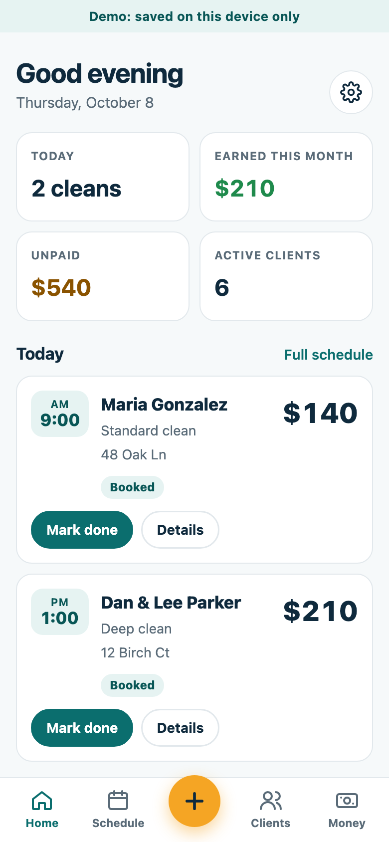 BookSheet Pro app home screen showing today's jobs, earnings, and unpaid balance