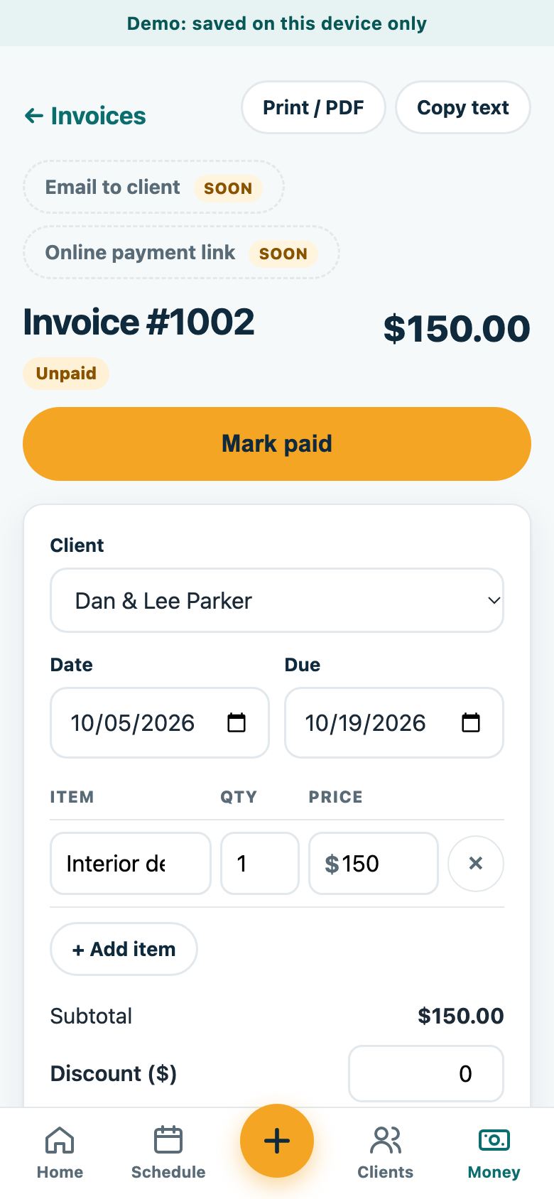 Invoice with line items, status, and print or PDF button
