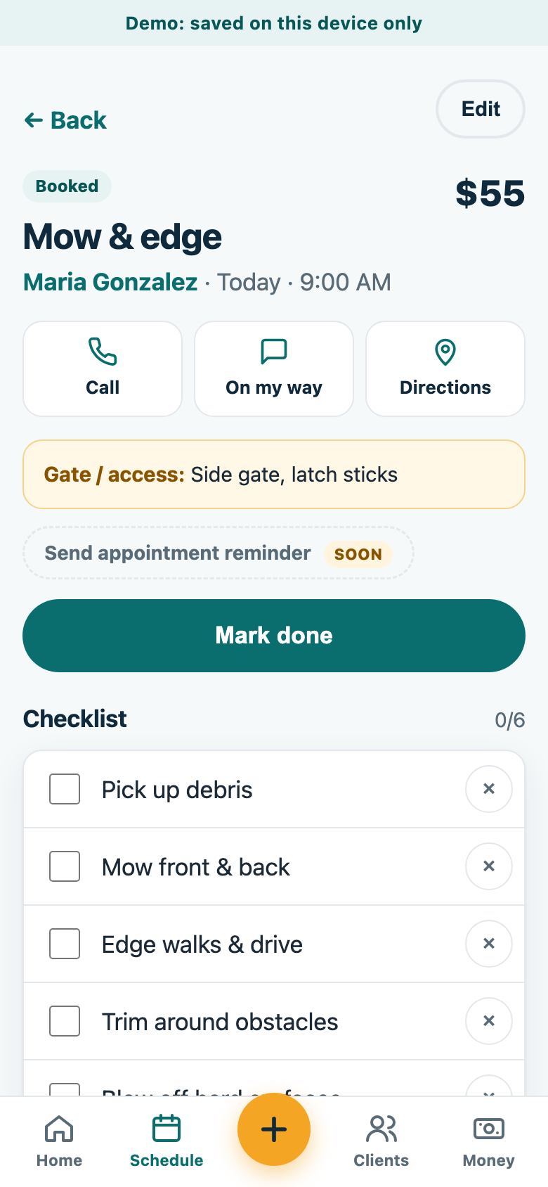 Job page with checklist, gate code note, and on-my-way button