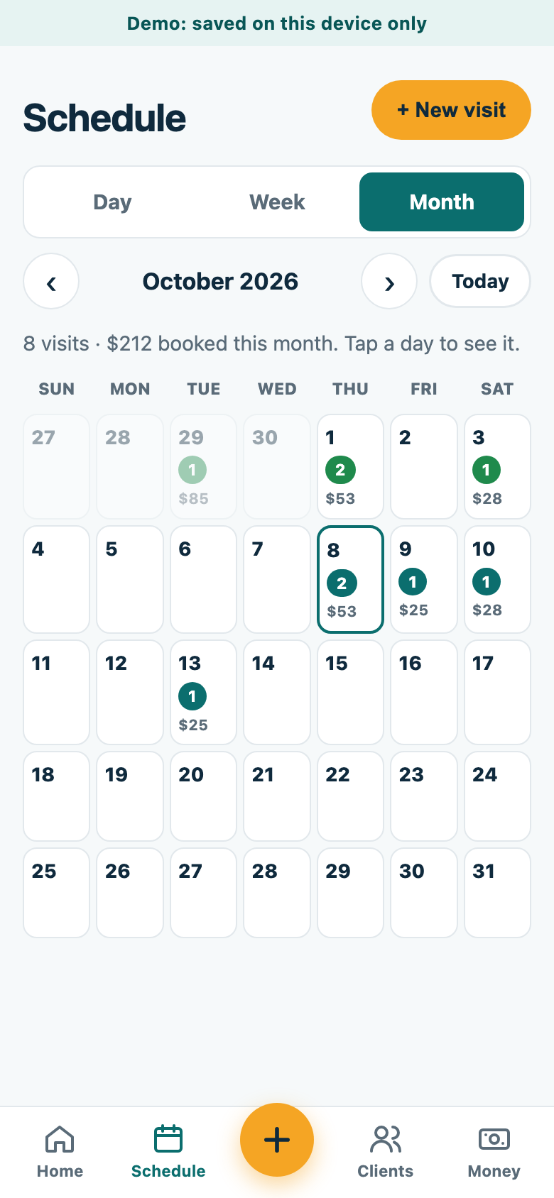 Month calendar showing booked visits and totals